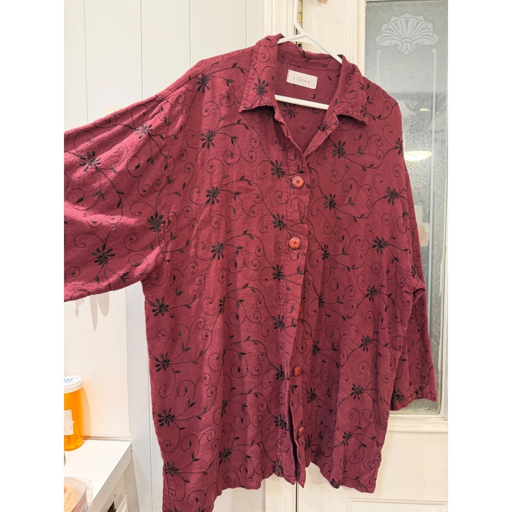 J. Jill Linen Blend Embroidered Floral Button Down Tunic Shirt Burgundy Large